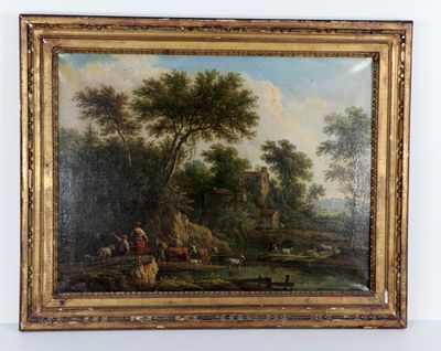 une peinture à l'huile représentant un paysage avec une rivière et un homme à cheval au premier plan