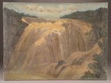 an oil painting of a waterfall in the middle of a forest