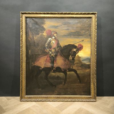 an oil painting of a man riding a horse in a room