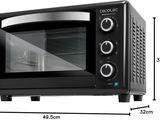 diagram of a small black toaster oven with a glass door