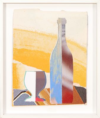 une peinture représentant une bouteille et un verre de vin posés sur une table