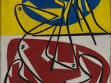 une image représentant un tableau sur lequel figurent un oiseau et un poisson sur un fond jaune et bleu