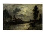 une image représentant un tableau d'une rivière la nuit, avec une maison au loin