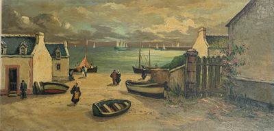 un tableau représentant une scène de plage avec des bateaux sur le rivage
