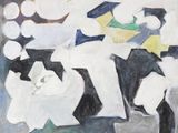 un tableau représentant un chat noir et blanc assis sur une table