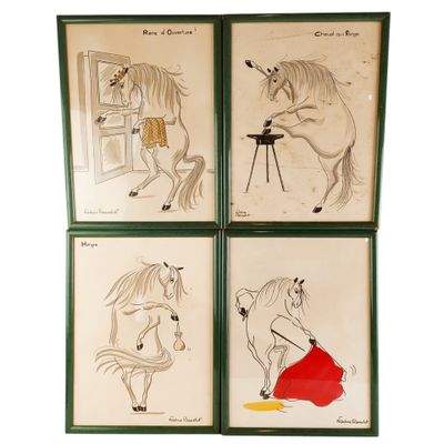 quatre dessins encadrés représentant des chevaux et une femme en robe rouge