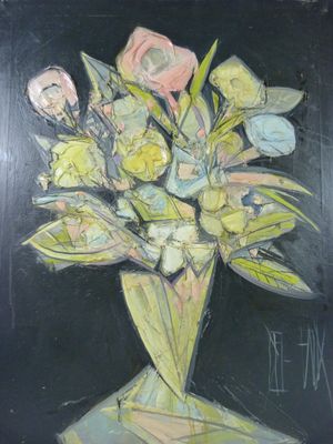 une peinture de fleurs dans un vase sur une table