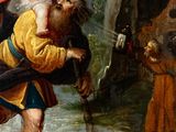 an image of a painting of a man carrying a child on his back