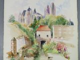watercolor painting of a river with buildings in the background