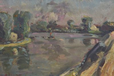 un tableau représentant une femme assise sur un banc au bord de l'eau