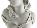 an image of a white bust of a woman on a blue pedestal