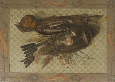 a painting of a bird and a bird nest on a table