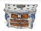 a small blue and white box with a picture on it