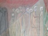 painting of a group of people standing in front of a red wall
