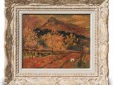a painting of a landscape with trees and a mountain in the background