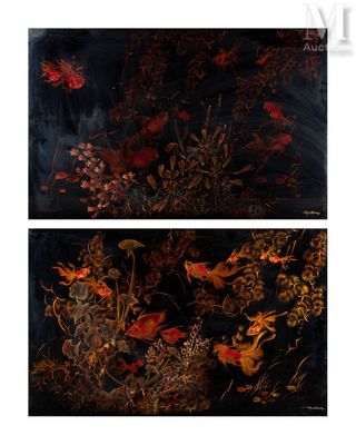 deux tableaux représentant des fleurs et des feuilles sur fond noir