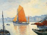 many boats that are in the water with orange sails