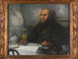 painting of a bearded man sitting at a table with a glass of wine