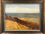 an oil painting of a view of the ocean from a hill