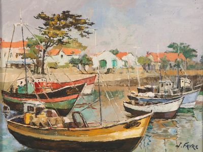 painting of boats in a harbor with houses in the background