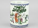 an image of a cup with a painting on it sitting on a table