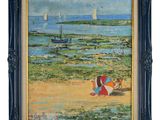 une image représentant un tableau représentant une scène de plage avec des voiliers au loin