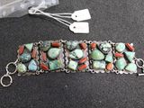 turquoise, coral, and silver bracelet with matching clasp