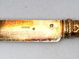 a knife that has a gold handle on it