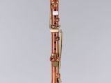 a clarinet with a wooden body and brass hardware on a clear surface