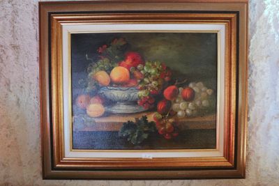 a painting of a bowl of fruit on a table