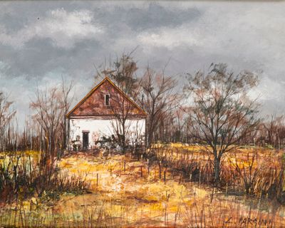 une peinture à l'huile représentant une grange au milieu d'un champ