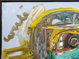 a painting of a yellow truck with a blue top