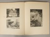 an open book with pictures of a house and a waterfall