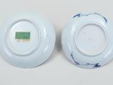 pair of blue and white porcelain plates with blue and white designs on them