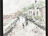 une peinture à l'huile représentant une rue de la ville avec des passants marchant dans la neige