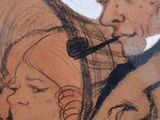 drawing of a man with a pipe smoking a pipe next to a child