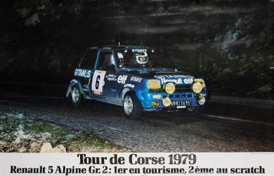 une affiche représentant une voiture de rallye au bord de la route