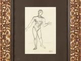 un dessin représentant une femme nue, dans un cadre doré