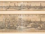 two drawings of a view of a city with a river and a bridge