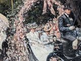 a painting of a man riding a horse drawn carriage