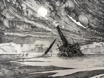 un dessin représentant un bateau en train de couler dans l'eau