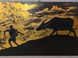 un tableau représentant un homme marchant avec un taureau sur une colline