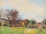 une peinture à l'huile représentant un champ avec des arbres et des maisons en arrière-plan