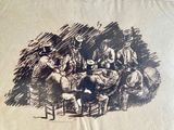 a drawing of a group of people sitting around a table