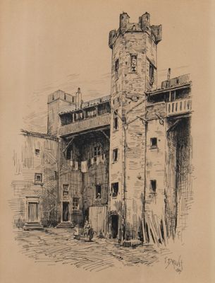 drawing of an old building with a clock tower in the middle of it