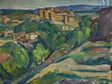une peinture à l'huile représentant une vue d'une ville depuis une colline