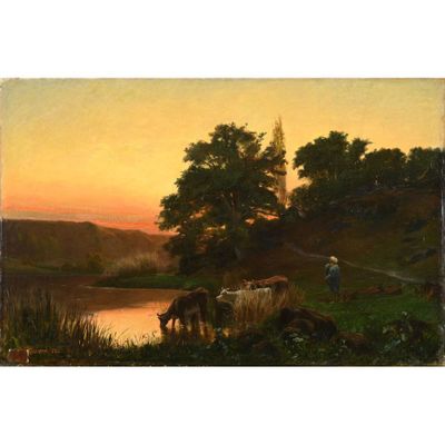 une image représentant un tableau où l'on voit un homme s'occupant de son bétail au bord d'une rivière