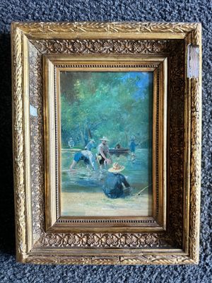 painting of a couple in a boat on a river with a dog