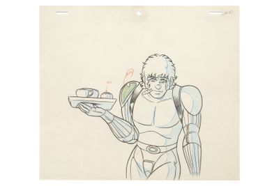 an image of a drawing of a man holding a tray of food
