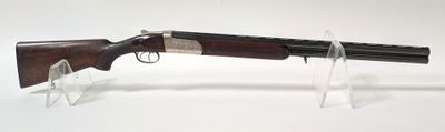 un vieux fusil de chasse avec un canon en bois et un socle en acrylique transparent
